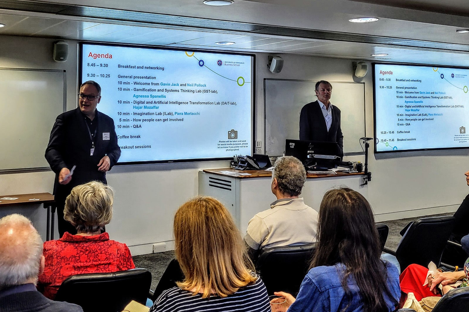 Dean of the Business School, Gavin Jack, and Head of Entrepreneurship & Innovation Group, Neil Pollock, deliver the opening presentation