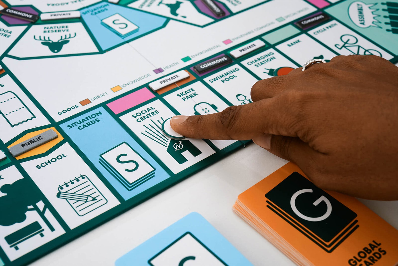 A person is engaged in a game of Commonspoly.