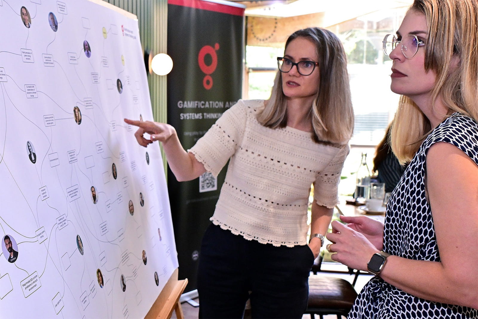 Agnessa Spanellis and a colleague examine a mind map on a whiteboard, highlighting expertise within the Gamification and Systems Thinking Lab.
