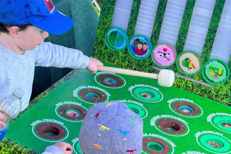 Two young boys excitedly playing a food systems-themed whac-a-mole game, hitting targets with mallets.
