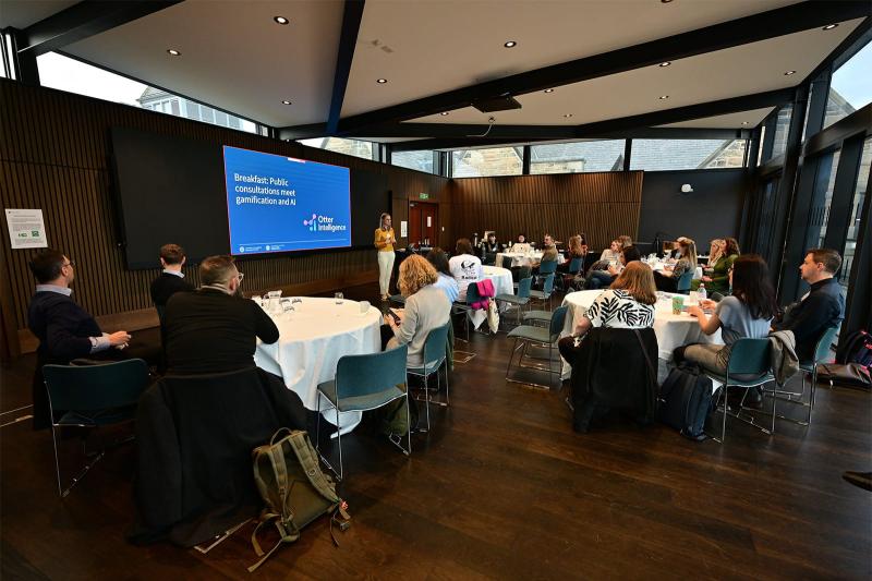 Agnessa introducing the breakfast briefing: Public consultations meet gamification and AI